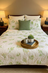 Layaan Homes Green Leaves Printed Satin Bedding Set