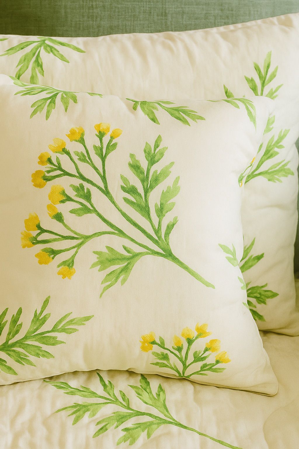 Layaan Homes Green Leaves Printed Satin Bedding Set