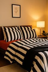 Layaan Homes Black and White Satin Stripes Bedding Set
